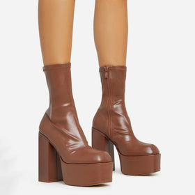 Fiji Square Toe Block Heel Platform Ankle Sock Boot In Dark Brown Faux Leather Fiji Square Toe Block Heel Platform Ankle Sock Boot In Dark Brown Faux Leather