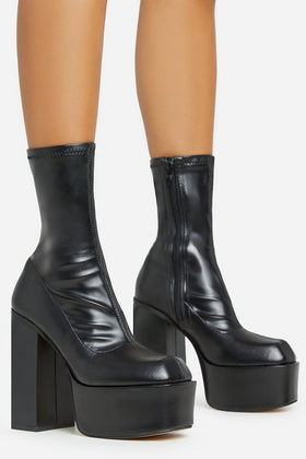 Fiji Square Toe Block Heel Platform Ankle Sock Boot In Black Faux Leather Fiji Square Toe Block Heel Platform Ankle Sock Boot In Black Faux Leather