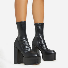 Fiji Square Toe Block Heel Platform Ankle Sock Boot In Black Faux Leather Fiji Square Toe Block Heel Platform Ankle Sock Boot In Black Faux Leather