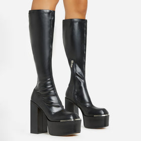 Own-It Square Toe Platform Block Heel Knee High Long Sock Boot In Black Faux Leather Own-It Square Toe Platform Block Heel Knee High Long Sock Boot In Black Faux Leather