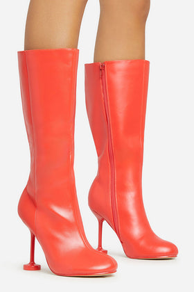 Envious Square Toe Mid Calf Heel Boot In Red Faux Leather Envious Square Toe Mid Calf Heel Boot In Red Faux Leather