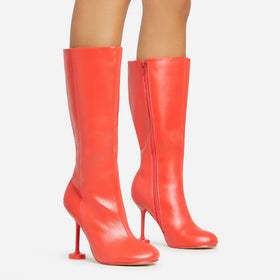 Envious Square Toe Mid Calf Heel Boot In Red Faux Leather Envious Square Toe Mid Calf Heel Boot In Red Faux Leather