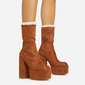 Peri Faux Fur Lining Square Toe Platform Block Heel Ankle Boot In Tan Brown Faux Suede Peri Faux Fur Lining Square Toe Platform Block Heel Ankle Boot In Tan Brown Faux Suede
