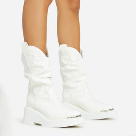 Ohio Embroidered Detail Ankle Western Cowboy Boot In White Faux Leather Ohio Embroidered Detail Ankle Western Cowboy Boot In White Faux Leather
