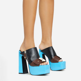 Buxton Buckle Detail Square Toe Blue Platform Block Heel Mule In Black Faux Leather Buxton Buckle Detail Square Toe Blue Platform Block Heel Mule In Black Faux Leather