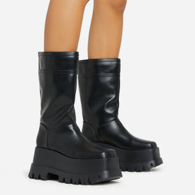 Walker Chunky Platform Sole Mid Calf Biker Boot In Black Faux Leather Walker Chunky Platform Sole Mid Calf Biker Boot In Black Faux Leather