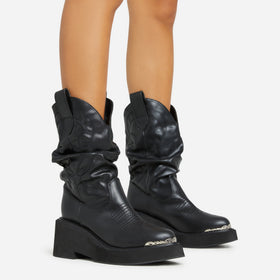 Ohio Embroidered Detail Ankle Western Cowboy Boot In Black Faux Leather Ohio Embroidered Detail Ankle Western Cowboy Boot In Black Faux Leather