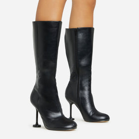 Envious Square Toe Mid Calf Heel Boot In Black Faux Leather Envious Square Toe Mid Calf Heel Boot In Black Faux Leather