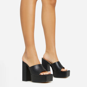 Bonnie Square Toe Platform Block Heel Mule In Black Faux Leather Bonnie Square Toe Platform Block Heel Mule In Black Faux Leather