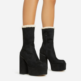 Peri Faux Fur Lining Square Toe Platform Block Heel Ankle Boot In Black Faux Suede Peri Faux Fur Lining Square Toe Platform Block Heel Ankle Boot In Black Faux Suede