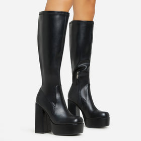 Runway Square Toe Platform Block Heel Knee High Long Sock Boot In Black Faux Leather Runway Square Toe Platform Block Heel Knee High Long Sock Boot In Black Faux Leather