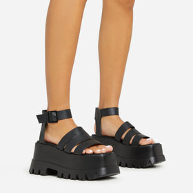 Track Multi Strap Detail Chunky Platform Sole Flat Sandal In Black Faux Leather Track Multi Strap Detail Chunky Platform Sole Flat Sandal In Black Faux Leather