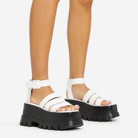 Track Multi Strap Detail Chunky Platform Flat Sole Sandal In White Faux Leather Track Multi Strap Detail Chunky Platform Flat Sole Sandal In White Faux Leather