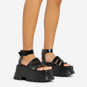 Track Multi Strap Detail Chunky Platform Sole Flat Sandal In Black Patent Track Multi Strap Detail Chunky Platform Sole Flat Sandal In Black Patent