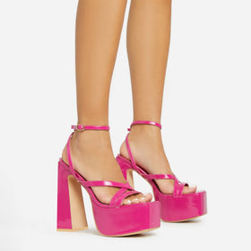 Libby Strappy Detail Square Toe Platform Block Heel In Pink Patent Libby Strappy Detail Square Toe Platform Block Heel In Pink Patent