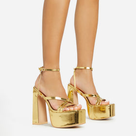 Libby Strappy Detail Square Toe Platform Block Heel In Gold Patent Libby Strappy Detail Square Toe Platform Block Heel In Gold Patent