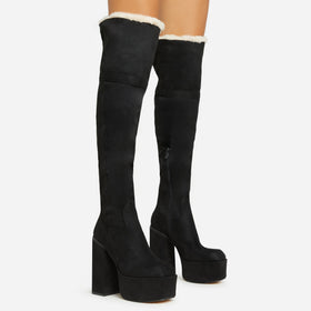 Rambles Faux Fur Lining Square Toe Platform Block Heel Over The Knee Thigh High Long Boot In Black Faux Suede Rambles Faux Fur Lining Square Toe Platform Block Heel Over The Knee Thigh High Long Boot In Black Faux Suede