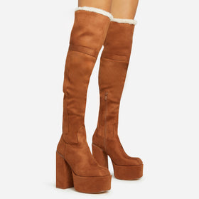 Rambles Faux Fur Lining Square Toe Platform Block Heel Over The Knee Thigh High Long Boot In Tan Brown Faux Suede Rambles Faux Fur Lining Square Toe Platform Block Heel Over The Knee Thigh High Long Boot In Tan Brown Faux Suede