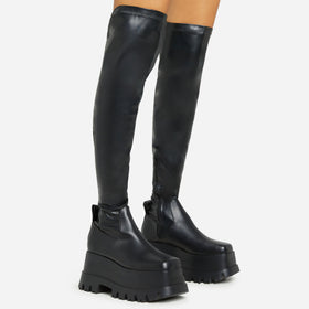 Kriss Chunky Platform Sole Over The Knee Thigh High Long Boot In Black Faux Leather Kriss Chunky Platform Sole Over The Knee Thigh High Long Boot In Black Faux Leather