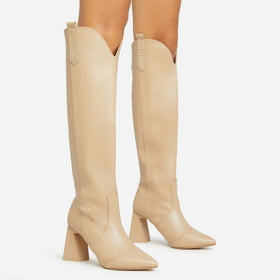 Wild-Side Pointed Toe Block Heel Knee High Long Western Cowboy Boot In Nude Faux Leather Wild-Side Pointed Toe Block Heel Knee High Long Western Cowboy Boot In Nude Faux Leather