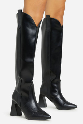 Wild-Side Pointed Toe Block Heel Knee High Long Western Cowboy Boot In Black Faux Leather Wild-Side Pointed Toe Block Heel Knee High Long Western Cowboy Boot In Black Faux Leather
