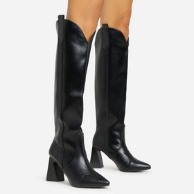 Wild-Side Pointed Toe Block Heel Knee High Long Western Cowboy Boot In Black Faux Leather Wild-Side Pointed Toe Block Heel Knee High Long Western Cowboy Boot In Black Faux Leather