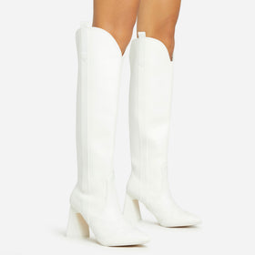 Wild-Side Pointed Toe Block Heel Knee High Long Western Cowboy Boot In White Faux Leather Wild-Side Pointed Toe Block Heel Knee High Long Western Cowboy Boot In White Faux Leather