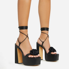 Lippy Lace Up Rose Detail Platform Block Heel In Black Faux Leather Lippy Lace Up Rose Detail Platform Block Heel In Black Faux Leather