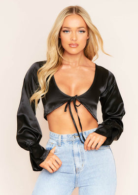 Adelina Black Satin Tie Detail Crop Top Adelina Black Satin Tie Detail Crop Top