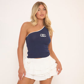One Shoulder Contrast Logo Trim Detail Top In Blue Knit One Shoulder Contrast Logo Trim Detail Top In Blue Knit