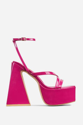 Libby Strappy Detail Square Toe Platform Block Heel In Pink Patent Libby Strappy Detail Square Toe Platform Block Heel In Pink Patent