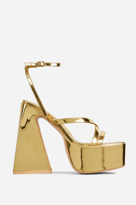 Libby Strappy Detail Square Toe Platform Block Heel In Gold Patent Libby Strappy Detail Square Toe Platform Block Heel In Gold Patent