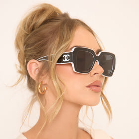 Side Logo Detail White Trim Oversized Sunglasses In Black Side Logo Detail White Trim Oversized Sunglasses In Black