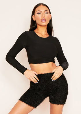 Amida Black Long Sleeve Crew Neck Smooth Crop Top