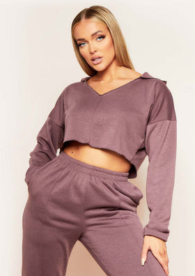 Rhea Mocha V Neck Seam Detail Cropped Hoodie Rhea Mocha V Neck Seam Detail Cropped Hoodie