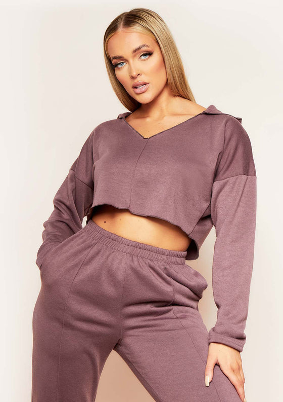 Rhea Mocha V Neck Seam Detail Cropped Hoodie