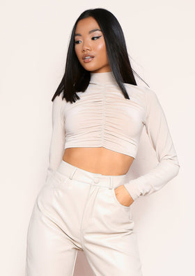 Siana Champagne Ruched Front Long Sleeve Crop Top