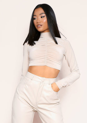 Siana Champagne Ruched Front Long Sleeve Crop Top Siana Champagne Ruched Front Long Sleeve Crop Top