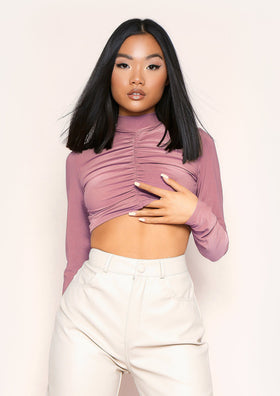 Siana Mauve Ruched Front Long Sleeve Crop Top