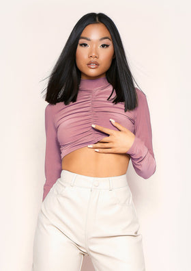 Siana Mauve Ruched Front Long Sleeve Crop Top Siana Mauve Ruched Front Long Sleeve Crop Top