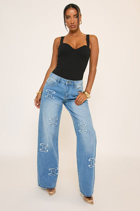 Low Rise Patch Detail Wide Leg Jeans In Blue Low Rise Patch Detail Wide Leg Jeans In Blue