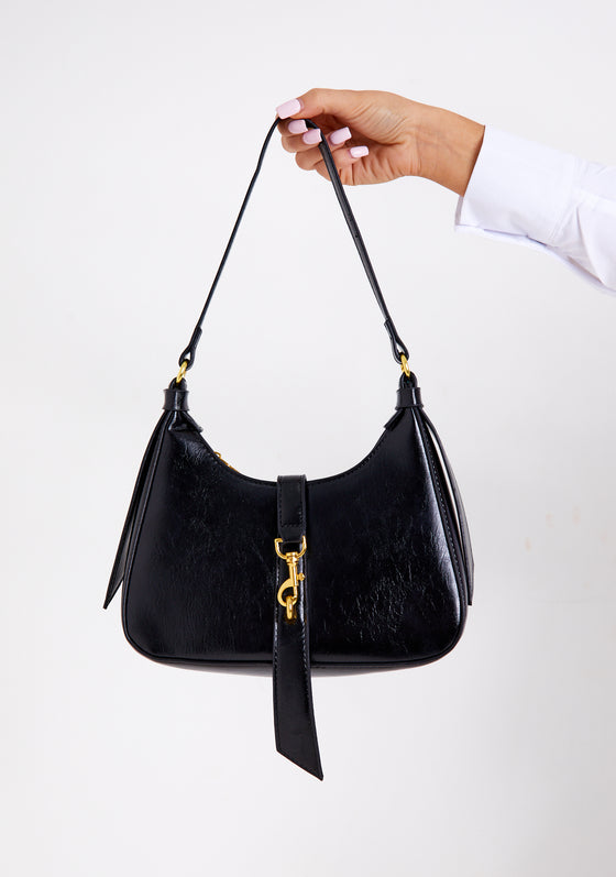 Teagan Black Leather Buckle Detail Shoulder Bag