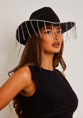 Kelly Black Diamante Tassel Trim Cowboy Hat Kelly Black Diamante Tassel Trim Cowboy Hat