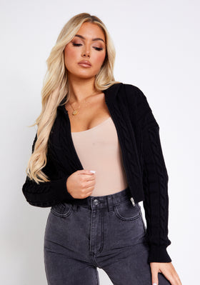Kendra Black Cable Knit Zip Through Hooded Jacket Kendra Black Cable Knit Zip Through Hooded Jacket