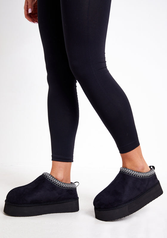 Jolie Black Aztec Detail Faux Fur Lined Platform Slip On Boots