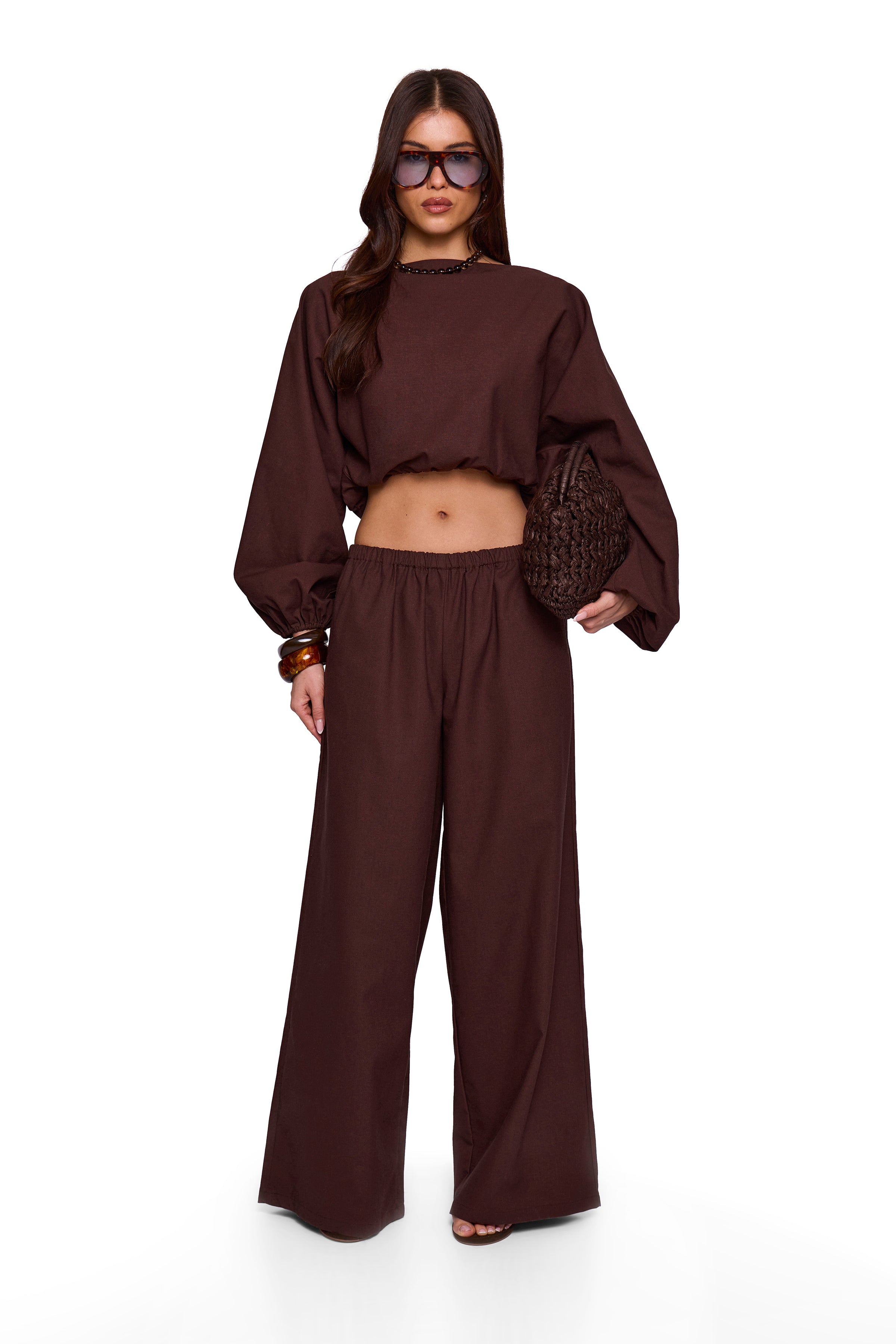 Brown Linen Blend Wide Trouser