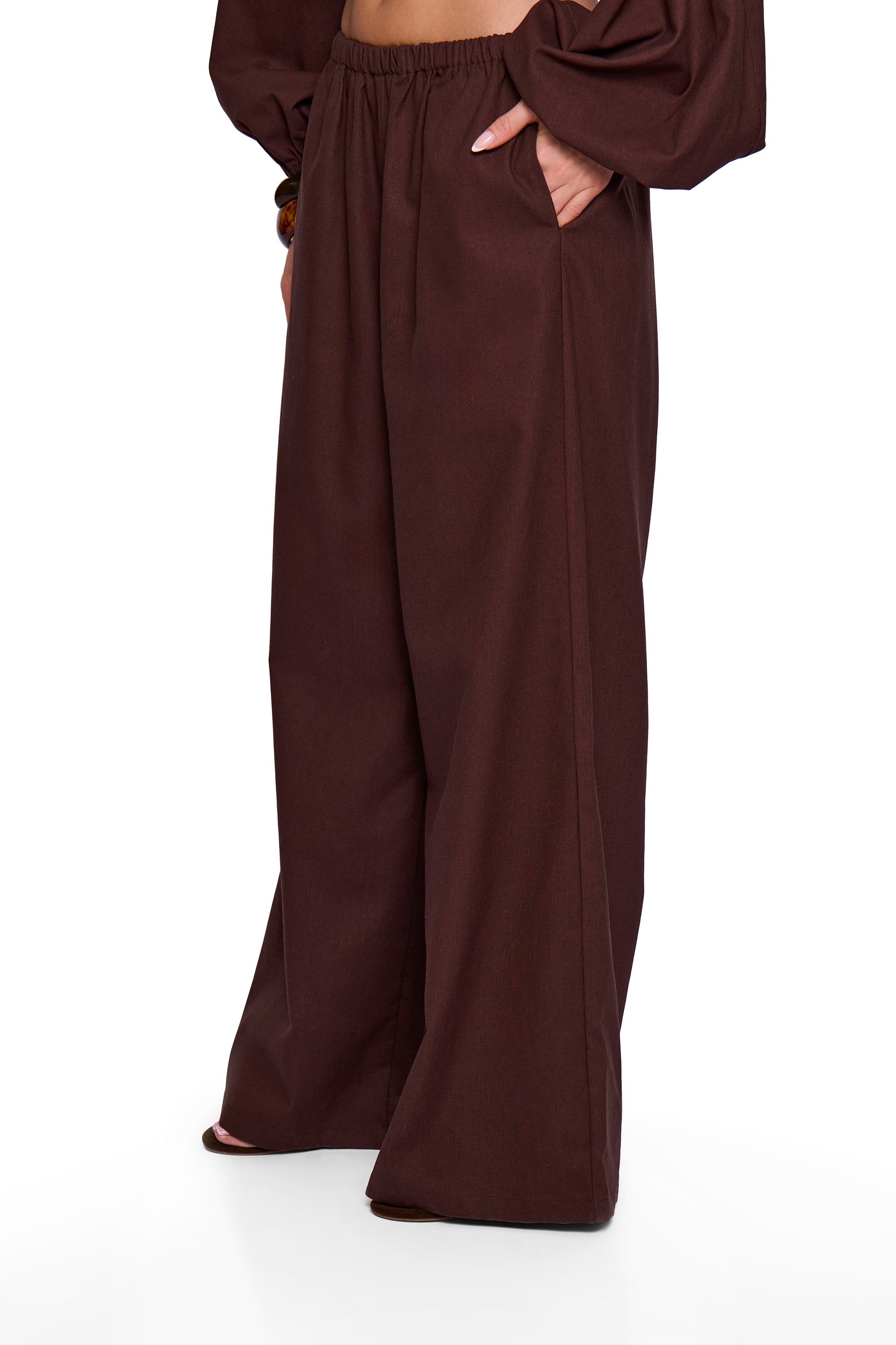 Brown Linen Blend Wide Trouser