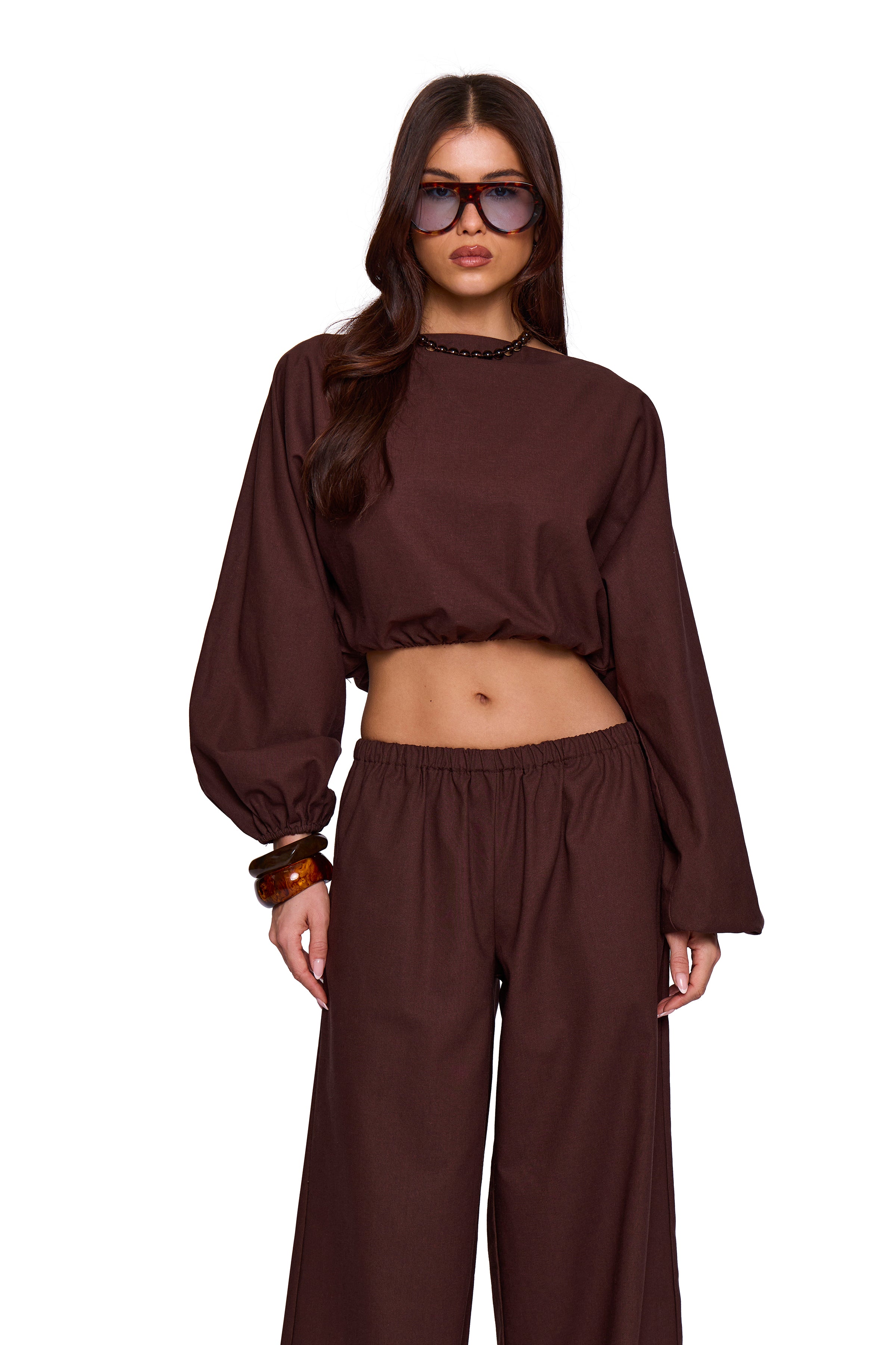 Brown Linen Blend Off Shoulder Top