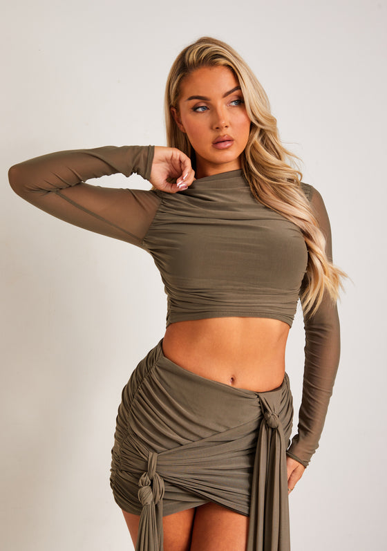 Mariah Khaki Mesh Long Sleeve Crop Top