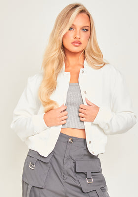 Becca White Button Up Cropped Bomber Jacket